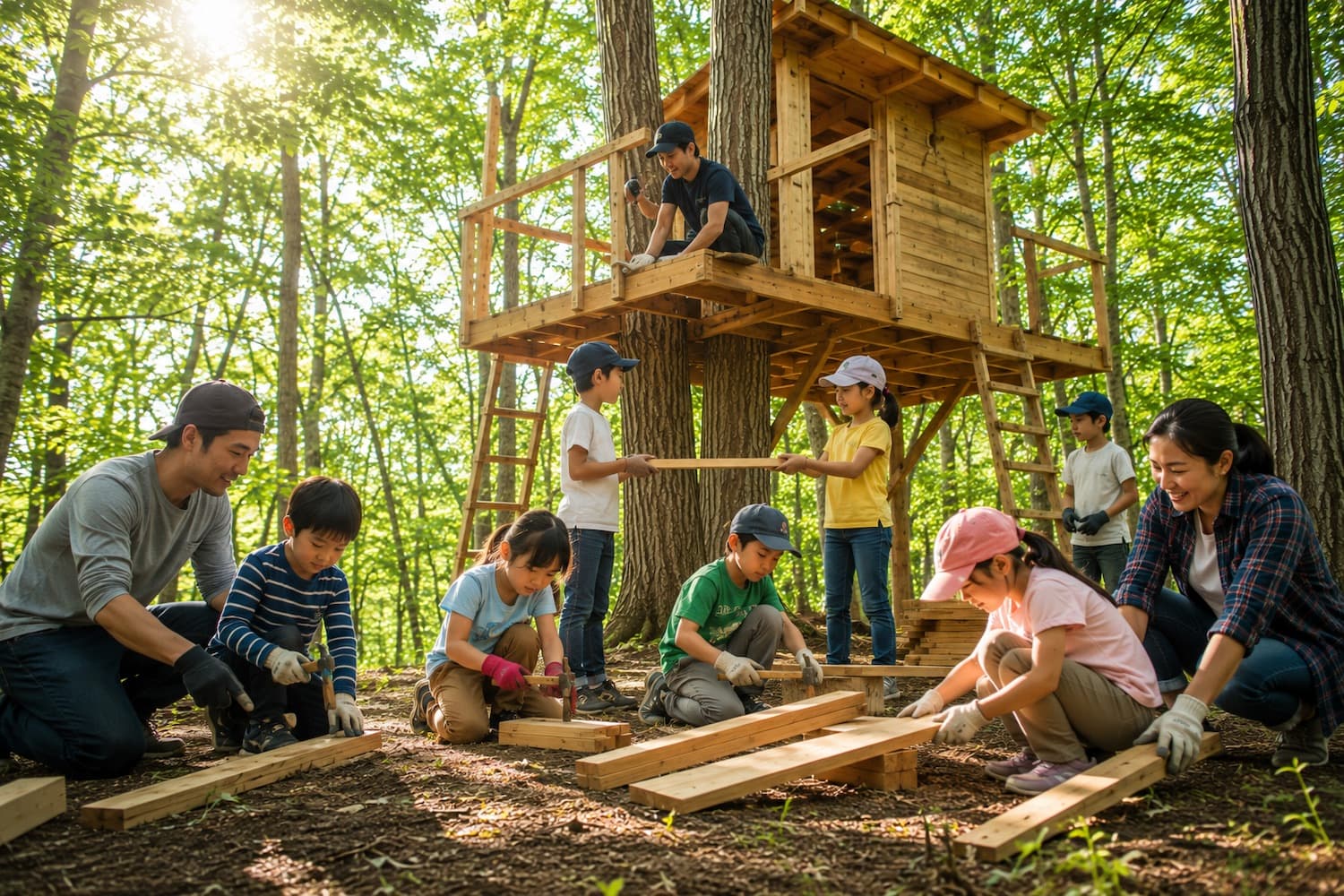 木もれ日の森で、親子がツリーハウスの木材を運び、金づちを打つ。奥には組み上がったツリーハウス(完成イメージ)
